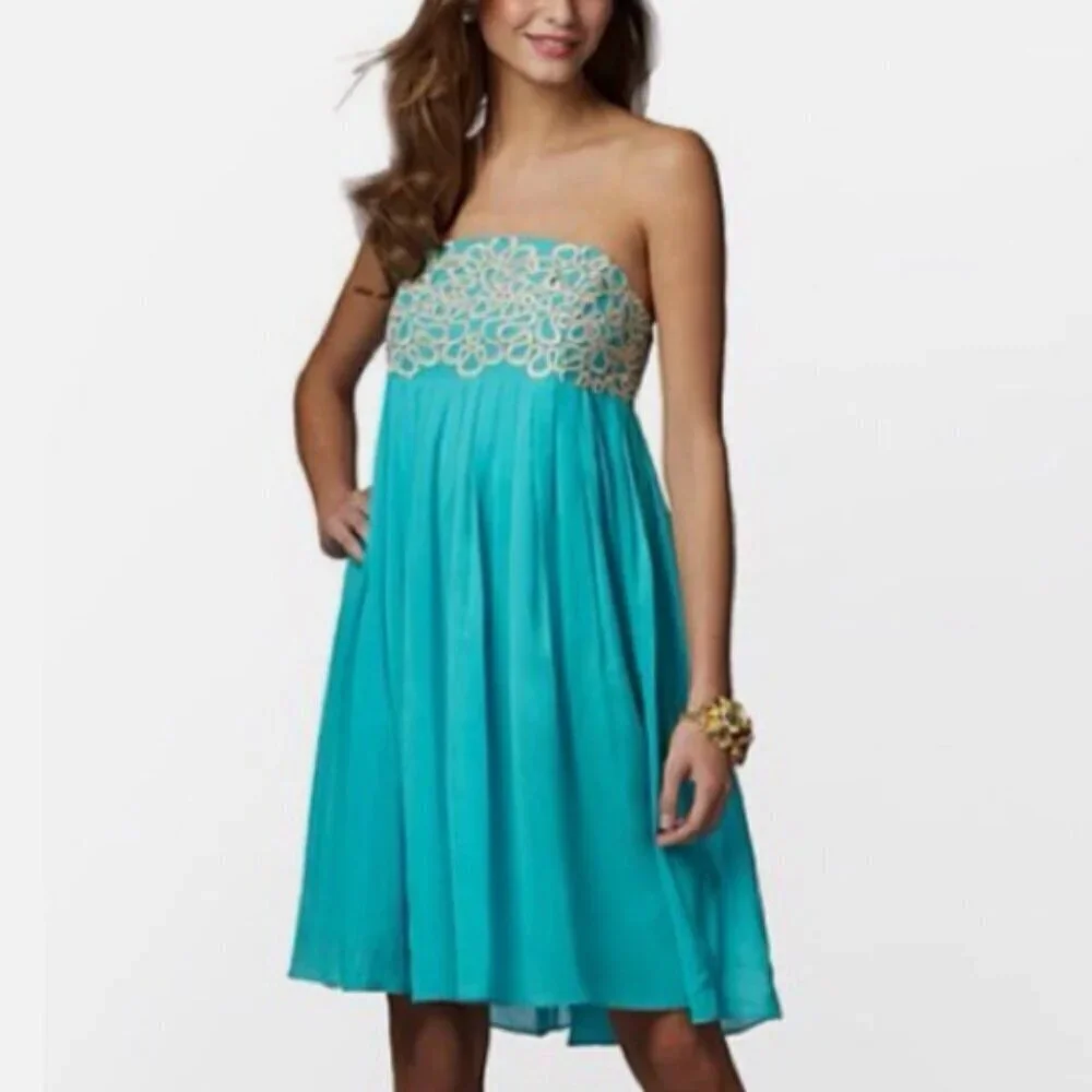 Lilly Pulitzer Jillie Strapless Dress – Sea Blue Green Chiffon – Size 8 - Picture 3 of 3